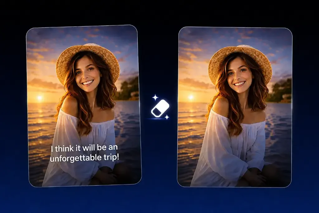 Before and after example of removing hardcoded subtitles from a vertical beach portrait video