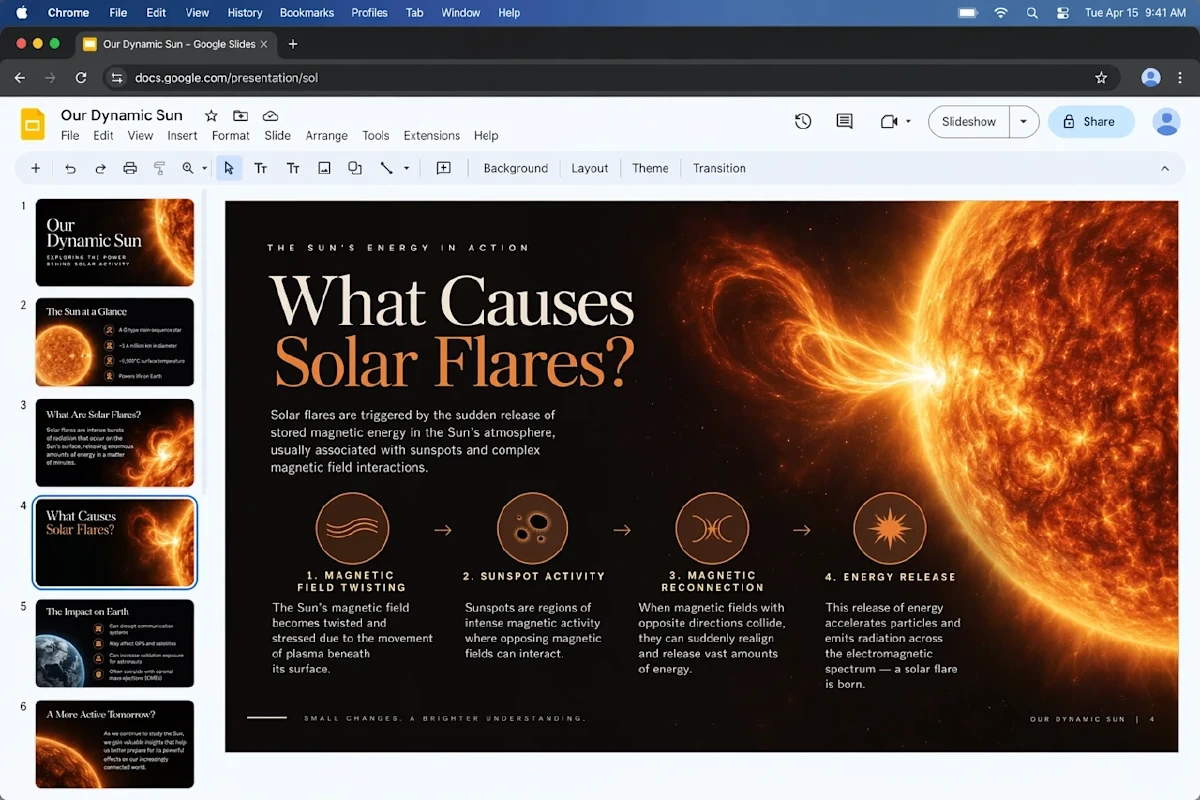 Official OpenAI GPT Image 2.5 example showing a solar flare explainer slide