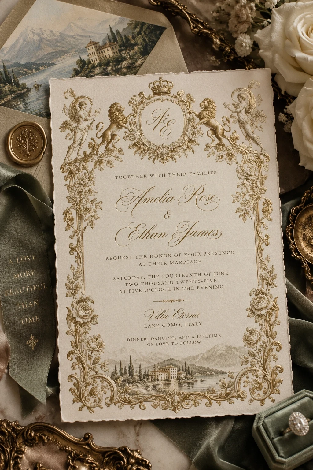 Official OpenAI GPT Image 2.5 example showing an ornate Lake Como wedding invitation