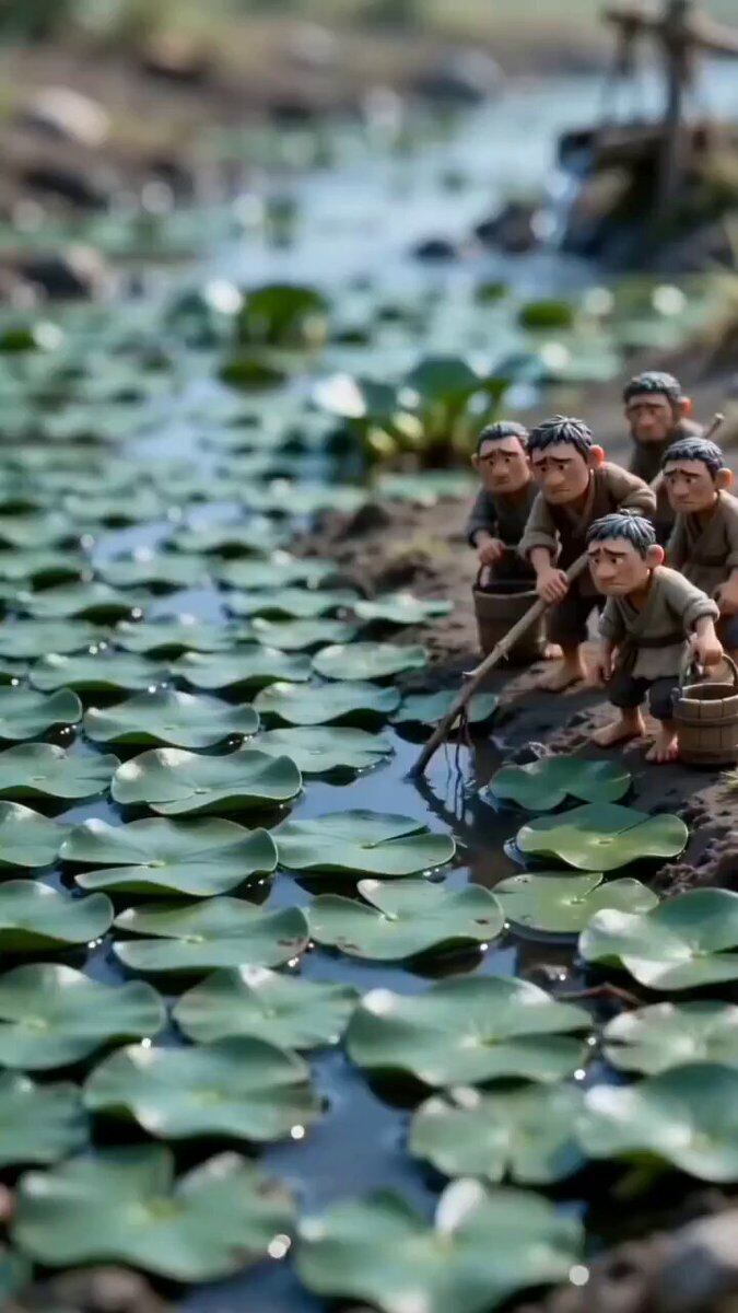 Tiny Clay Villagers by a Lily Pond